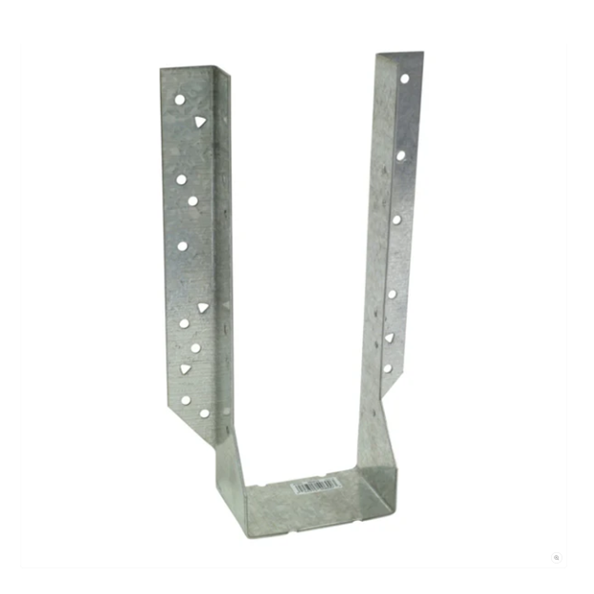 The Simpson Strong-Tie Simpson HU Galvanized Heavy Face-Mount Joist Hanger for 4x12 Lumber is a load-rated, metal, U-shaped hanger with multiple nail holes on each side. Ideal for securing wooden beams or joists in masonry and concrete settings, its robust design is shown upright on a plain white background.
